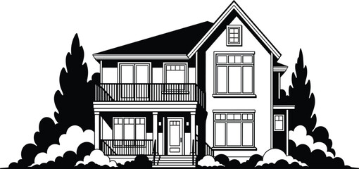 Obraz premium Two-story house vector illustration, black-and-white architectural design, porch and balcony details, residential home graphic, suburban building concept