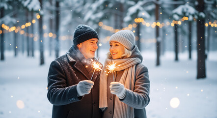 Happy senior couple holding sparklers in a snowy forest. Mature man and woman celebrating Christmas and New Year outdoors. Winter holiday romance concept