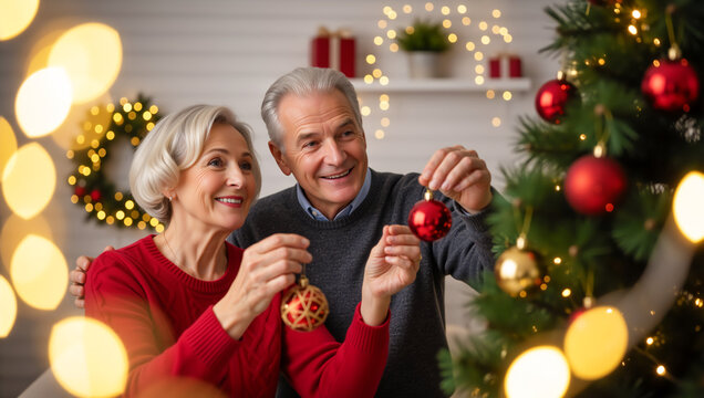 Happy senior couple decorating Christmas tree at home. Smiling elderly husband and wife holding red baubles - Powered by Adobe