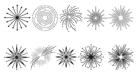 Obraz premium Set of simple firework burst icons, black and white celebration vector elements