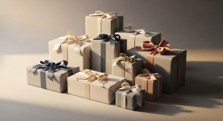 A collection of wrapped gifts with ribbons, arranged in a visually appealing composition.