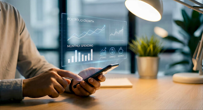 Person analyzing financial data on smartphone with holographic charts - Powered by Adobe