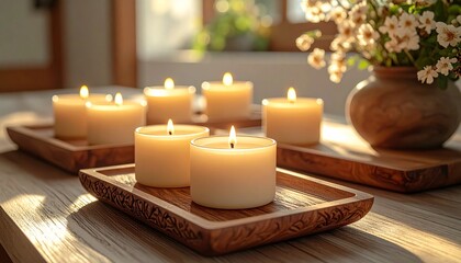 Aromatherapy candles and flower decorations creating a relaxing spa treatment atmosphere with soft candlelight and gentle aroma