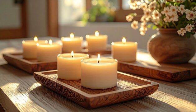 Aromatherapy candles and flower decorations creating a relaxing spa treatment atmosphere with soft candlelight and gentle aroma