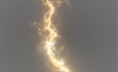 Golden lightning realistic light PNG. Powerful jagged bolts spark from dark clouds with electric energy. Transparent background for versatile use in designs.