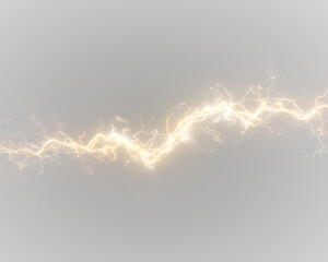 Golden lightning thunder strike light PNG. Bright electric arcs flash across the sky in a storm. Ideal for dramatic overlays or intense weather effects.