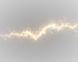 Golden lightning thunder strike light PNG. Bright electric arcs flash across the sky in a storm. Ideal for dramatic overlays or intense weather effects.