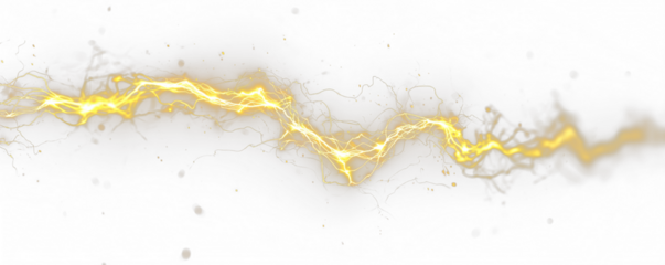 Golden lightning thunder strike light PNG. Bright electric arcs flash across the sky in a storm. Ideal for dramatic overlays or intense weather effects.