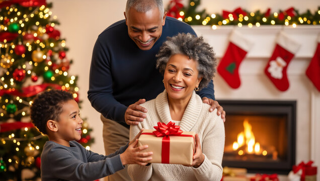 Happy Black family celebrating Christmas in living room. Grandson giving present to grandmother with grandfather standing behind. Festive holiday season