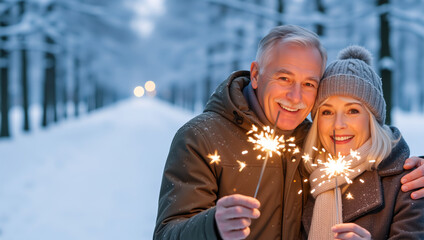 Happy senior couple holding sparklers in a snowy winter park. Elderly man and woman celebrating Christmas and New Year holiday
