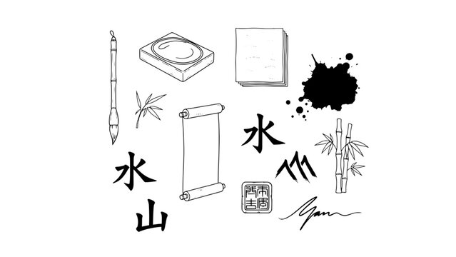 Collection of Traditional East Asian Calligraphy Art Elements: Outlined Tools, Inks, and Brushstroke Icons on White