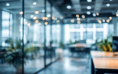 Abstract office interior background. Blurry office space. Modern workspace design. Glass walls, blurred furniture, plants. Natural light, commercial building, business concept, indoor. High quality