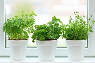 Fototapeta premium Lush herb collection thriving in bright white pots on a windowsill offering vibrant green foliage
