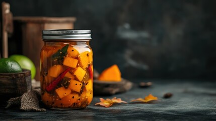 Delicious homemade pickled mango with chili and herbs in a rustic jar perfect for seasonal dishes