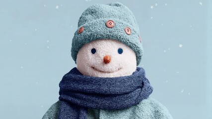 Cheerful snowman with knitted hat and scarf smiles in gentle snowfall against pale winter sky creating cozy festive holiday greeting and playful seasonal atmosphere - Powered by Adobe
