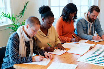 Diverse group of young adult and middle aged men and women sitting at table writing in notebooks, focusing on tasks, multiethnic team collaborating during meeting in office setting