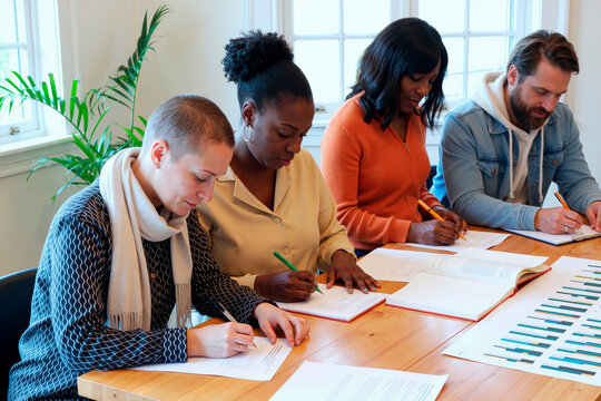 Diverse group of young adult and middle aged men and women sitting at table writing in notebooks, focusing on tasks, multiethnic team collaborating during meeting in office setting - Powered by Adobe