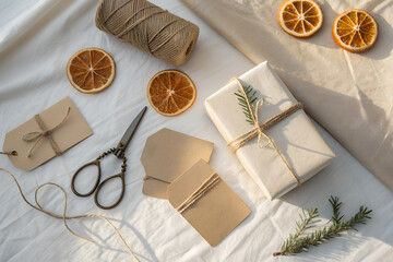 Eco-friendly gift wrapping scene with kraft paper tags, twine, dried orange slices and rustic scissors on a soft fabric surface. Warm natural light, minimal seasonal styling, sustainable holiday aesth