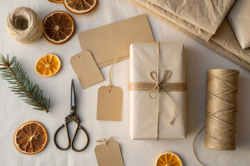 Eco-style gift wrapping layout with kraft paper, tags, twine, dried orange slices and scissors. Natural soft light highlights a warm rustic holiday mood with sustainable, minimal packaging elements.