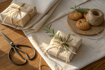 Soft natural flat lay with kraft-wrapped gifts, rosemary, cookies and twine on a fabric background. Minimal eco holiday aesthetic with warm rustic light and simple sustainable packaging details.