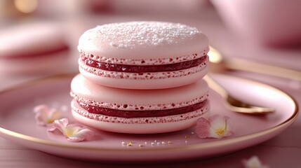 Delicious pink macarons stacked elegantly on a plate adorned with flower petals and a delicate gold spoon