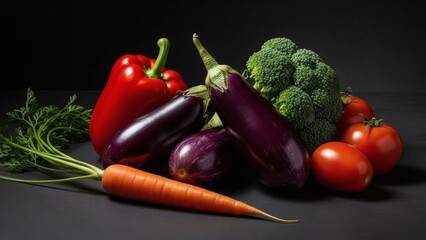 A vibrant assortment of fresh vegetables including bell peppers, eggplants, broccoli, tomatoes, and a carrot, artfully arranged on a dark surface.