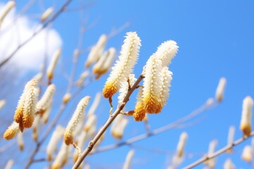 Naklejka premium Close up of garryana oak catkins blooming in spring against a vibrant blue sky