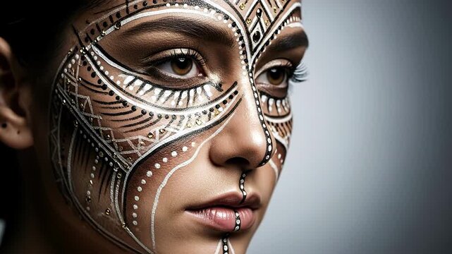Close Up Portrait of a Woman with Intricate Tribal Face Paint.