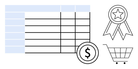 Data table with rows and columns, dollar coin, shopping cart, and award badge for themes thumbs up finance, commerce, budgeting, e-commerce, quality planning analysis. Ideal for simple flat