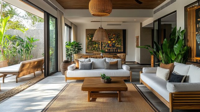 Stylish open living room featuring plush furniture and vibrant greenery for a modern, welcoming home