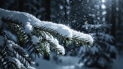 Snow falling on a fir tree branch in a winter forest. Cinematic close-up of a snow-covered evergreen in sunlight. Magical christmas holiday background, weather forecast, news - Powered by Adobe