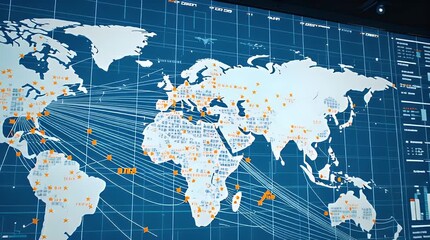 Business team analyzing data on world map in modern conference room - Powered by Adobe