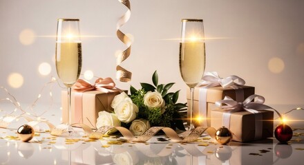 Celebratory scene with champagne flutes, gifts, flowers, and festive decorations.