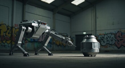 Industrial robot arm holding a ball, technology in action on a factory wall, isolated steel equipment