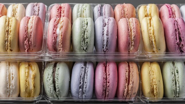 Rows of delicate macarons create a vibrant display, showcasing pastel colors and tempting flavors. This scene invites dessert lovers to indulge in a delightful treat