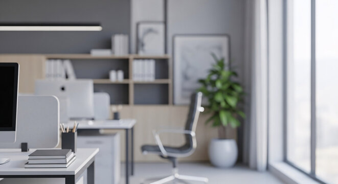 Modern office interior with desk computer plant and large window - Powered by Adobe