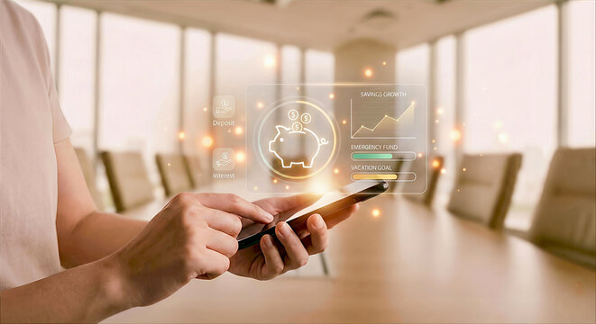 Person using smartphone with glowing lightbulb and business data overlay in conference room - Powered by Adobe