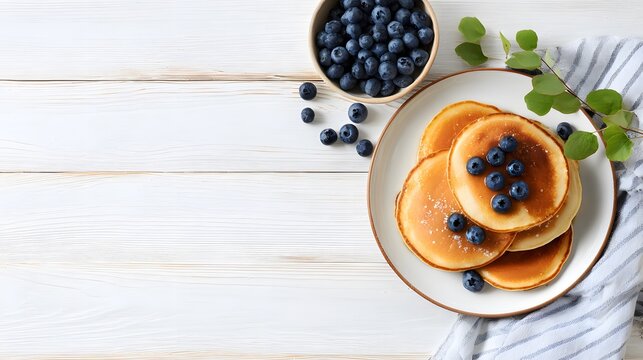 Top view of pancakes with blueberries on white wooden table with copy space - Powered by Adobe