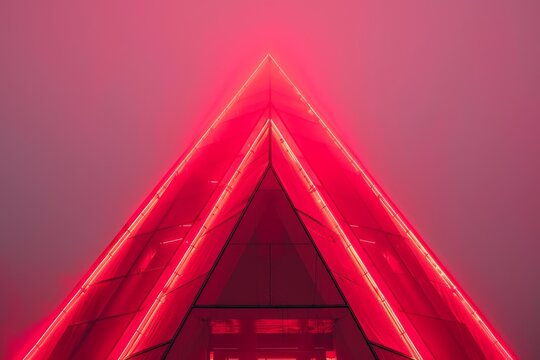 Futuristic glass building glowing with red neon lights in foggy night, creating a mysterious and captivating atmosphere