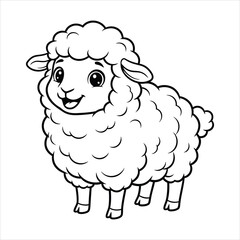 A Cute sheep with fluffy wool black line art, white background