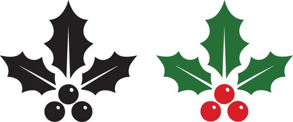 Black and green holly berry icon in bold silhouette style, perfect for festive seasonal designs.