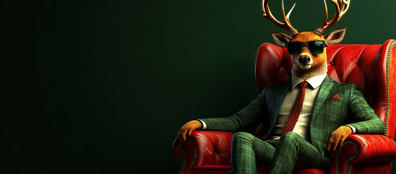 deer sitting in a red armchair, wearing a green suit and sunglasses, against a dark green background