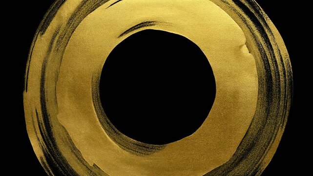 Abstract gold circle brush stroke on black background, artistic hand drawn design element with rough texture.