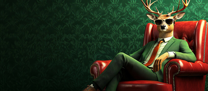 deer sitting in a red armchair, wearing a green suit and sunglasses, against a dark green background