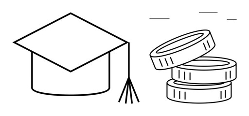 Graduation cap and stacked coins representing education expenses, student loans, scholarships, financial aid, savings, career growth, and investment in knowledge. A simple flat metaphor