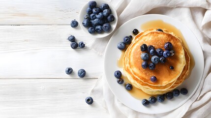 Top view of pancakes with blueberries on white wooden table with copy space