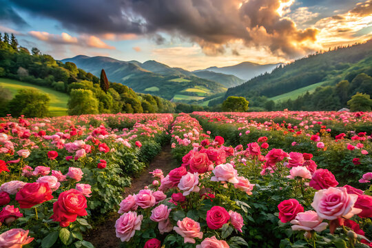 field of roses in a secluded valley,