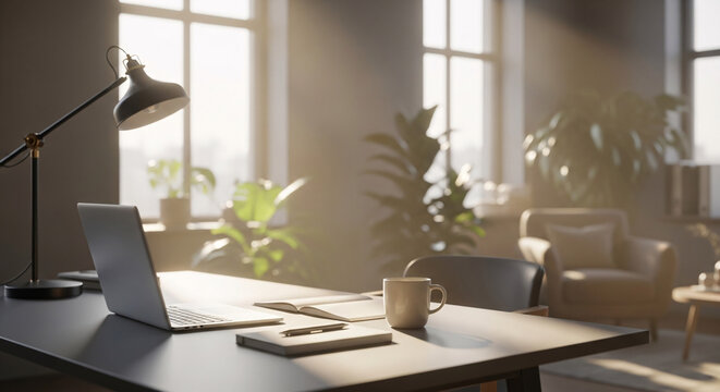 Sunlit home office with laptop desk lamp and plants bathed in warm light