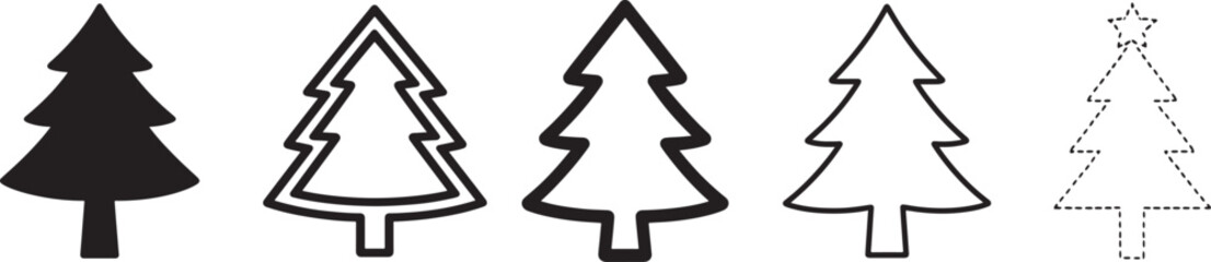 Silhouette Christmas tree icon set featuring multiple vector trees for festive seasonal designs.