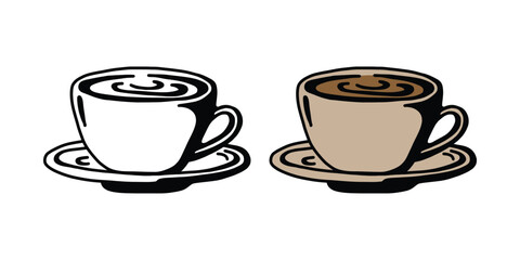 Coffee Cup Illustration Set. Line Art and Colored Version. Hot Coffee Cup Vector